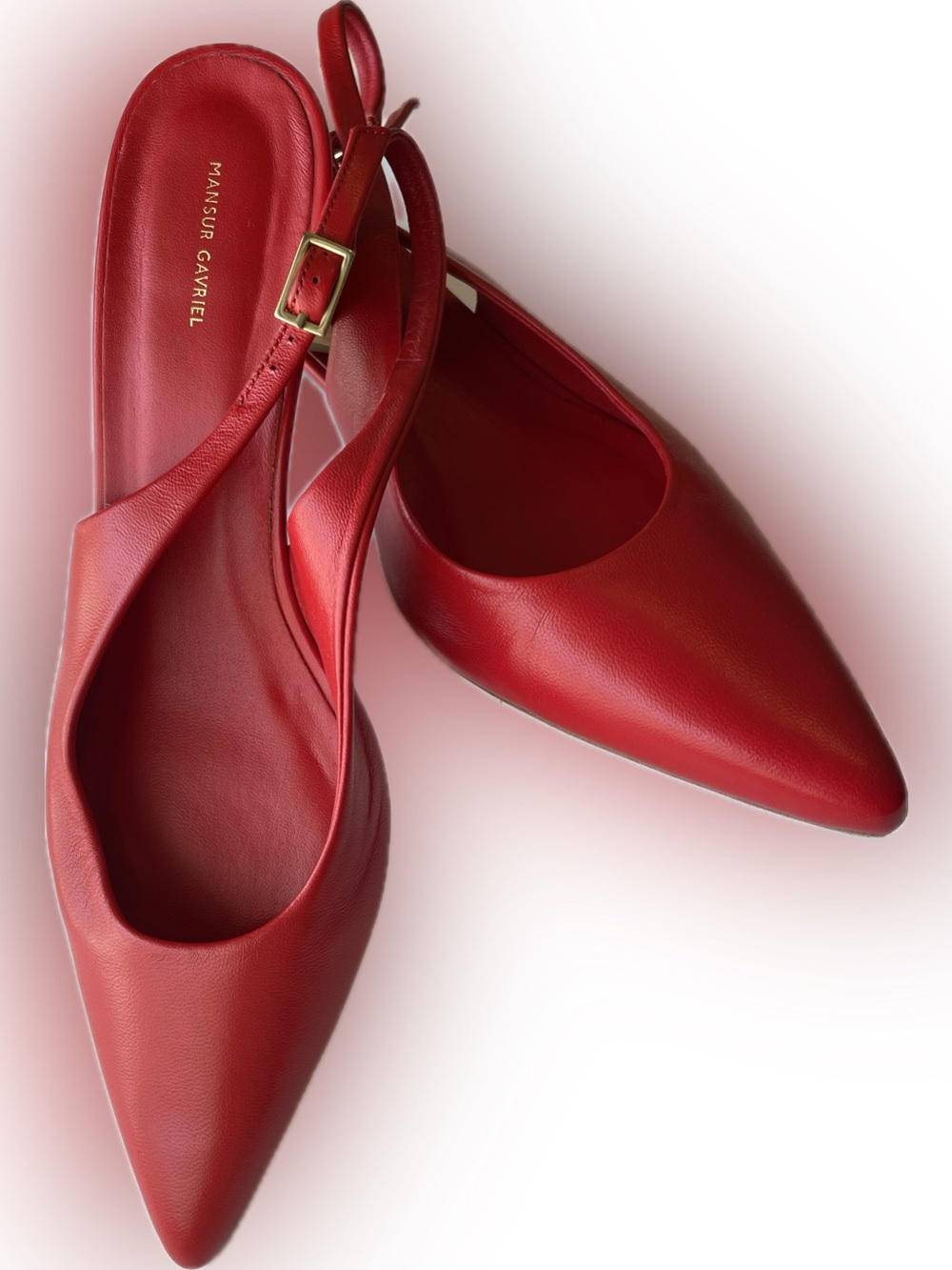 Mansur Gavriel Red Leather Pointed Slingback Flats with Gold Buckle Sz 8